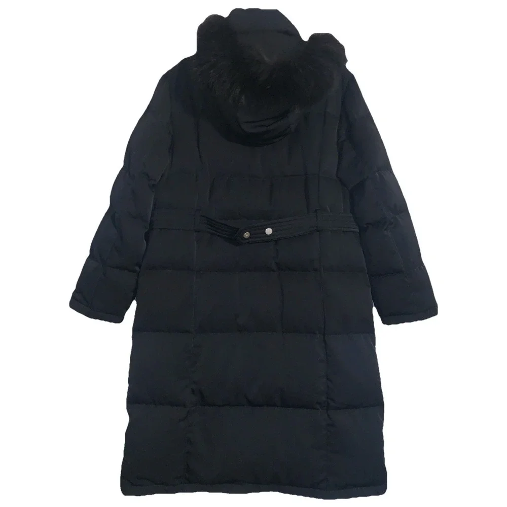 Utex Design Womens L Parka Down Puffer Coat Hooded Fur Quilted Black Long Jacket
